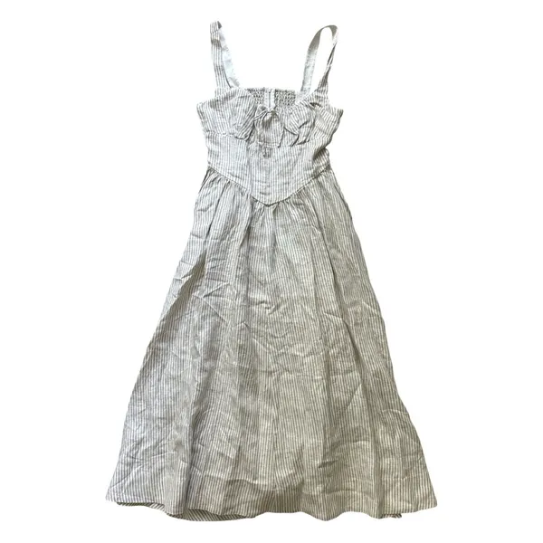 Reformation Balia Linen Midi Dress Size 10 Tan White Striped Smocked Sleeveless - Image 4
