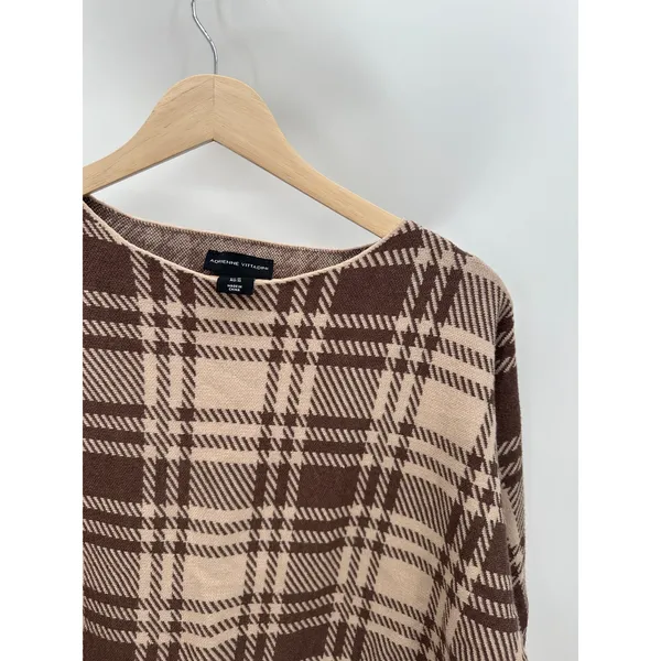 Adrienne Vittadini Brown Plaid Boxy Sweater Sz M‎ Quiet Luxury Minimal Neutral - Image 4