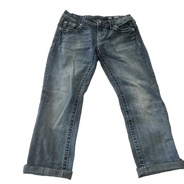 Miss Me Jeans Size 27 Womens Mid Rise Easy Crop Blue Distressed Embellished - Image 14