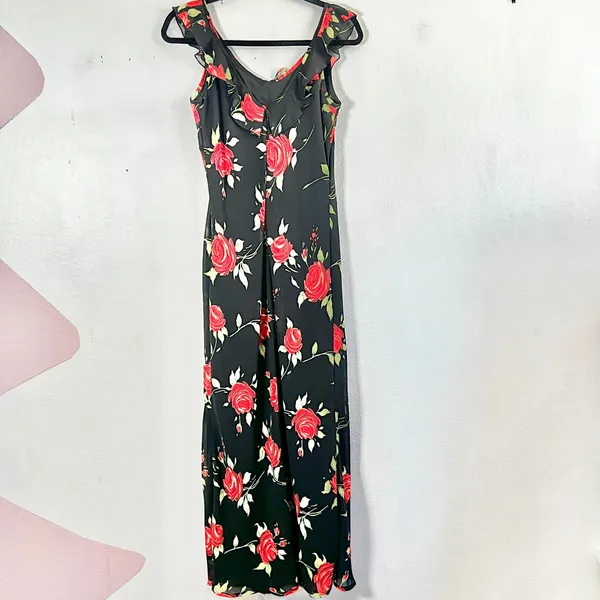 Vtg 2000s Babydoll Maxi Dress Sz 10 Black Floral Y2K Romantic‎ Prom Fairy - Image 2