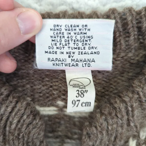 Vintage Rapaki Mahana Pure‎ Wool Cardigan Women's Medium NZ Brown Cream Knitwear - Image 8