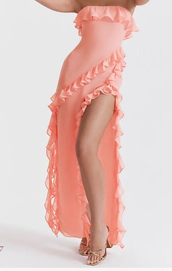 House of CB Sarina Peach Ruffle maxi Dress size large - Image 4