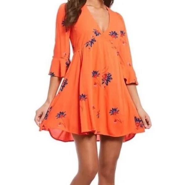 Free People Mini Dress Surplice Wrap Floral Boho Hippie Peasant Orange Bell Sz M - Image 13