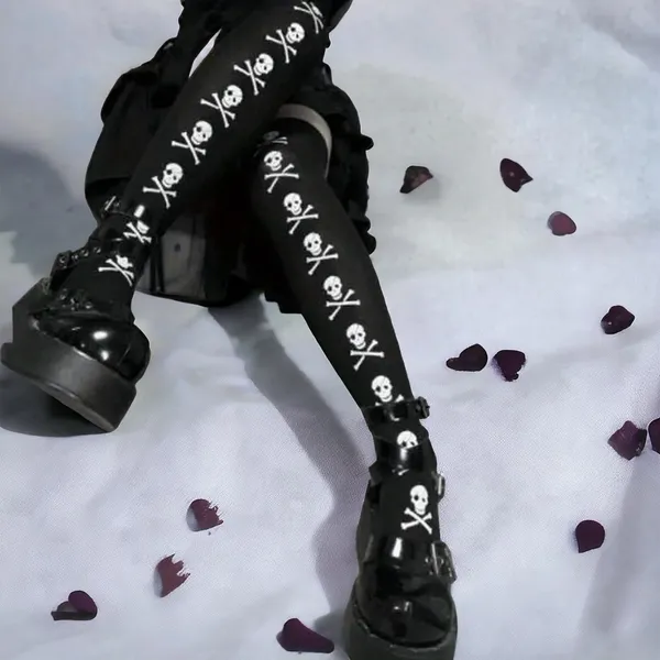 Skull Print Thigh High Socks, Cosplay Over The Knee Socks One‎ Size - Image 4