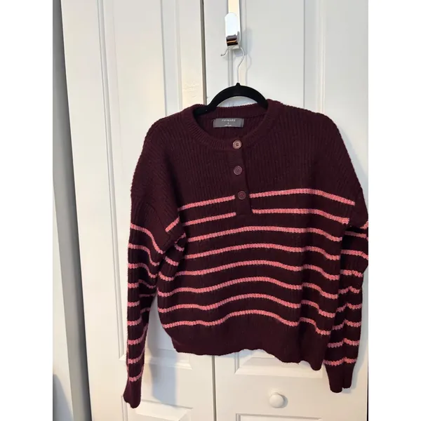 Primark Womens Henley‎ Striped Ribbed Knit Wool Blend Sweater Burgundy Pink L - Image 2