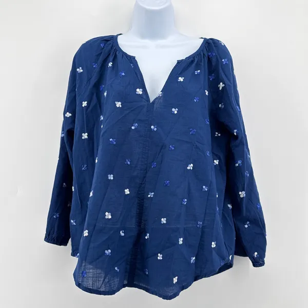 ROLLER RABBIT Blue Embroidered‎ Cotton Tunic Blouse Small S Boho V-Neck Slit Top - Image 3