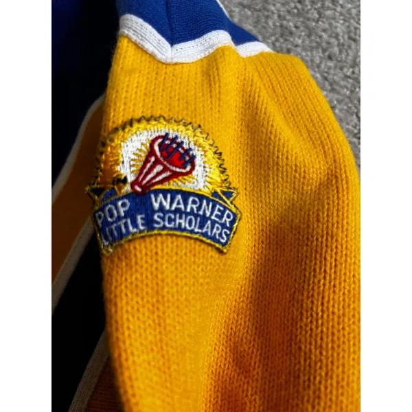 Vintage 80s Dehen 1920 Varsity Sweater Small Blue Yellow Dexter Lions Cheer Wool - Image 5