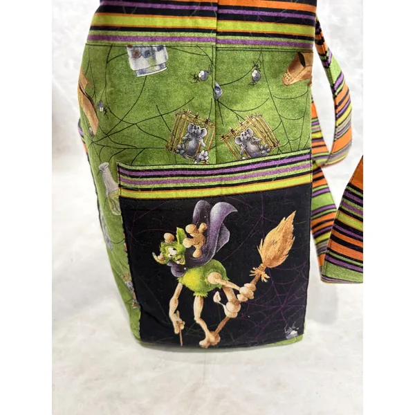 Vintage Handmade Halloween Goblin Wizard Tote Bag Green Orange Striped Spooky - Image 4