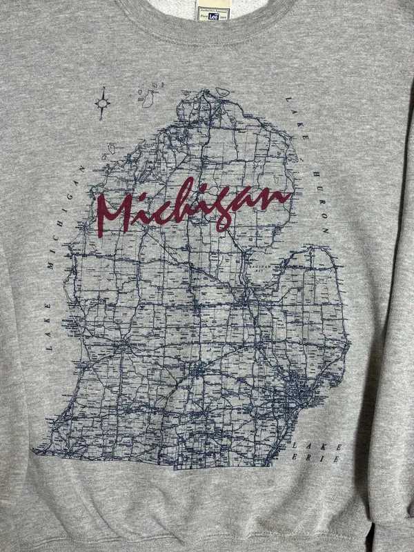 Vintage Lee Apparel Michigan Road Map Gray Crewneck Pullover Sweatshirt - Image 3