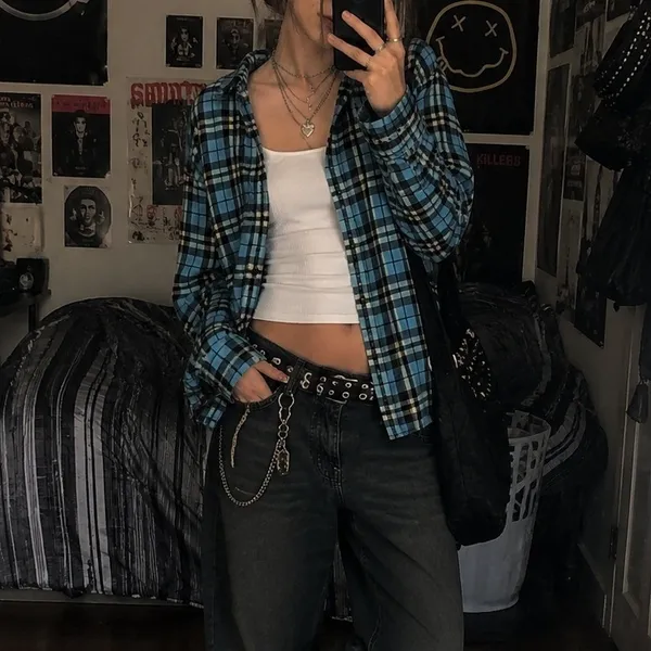 American Eagle Oversized Grunge Plaid Flannel Shirt Women's Large Blue‎ - Image 10