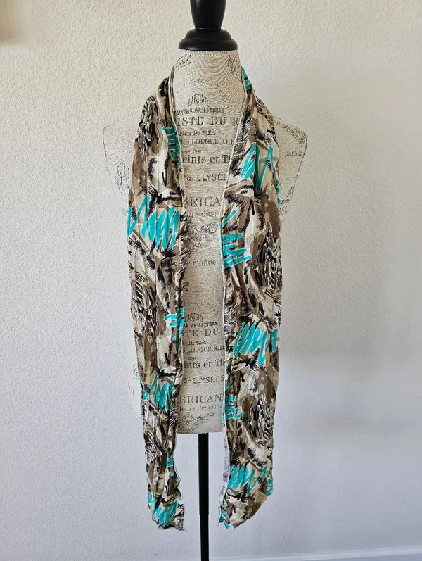 Vintage 80s Abstract Brushstroke Oblong Scarf Turquoise Tan Brown Black 7x80​ - Image 2