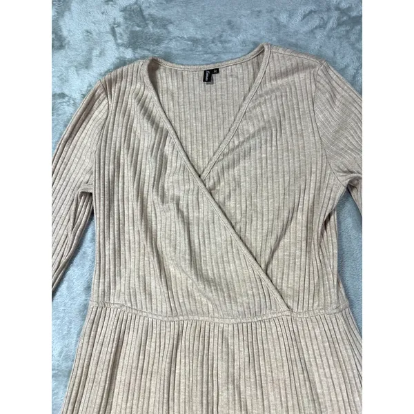 Beige Ribbed Bodycon Dress Medium Boho Western Cowgirl Waist Cinch Minimalist - Image 4
