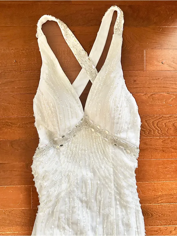 Elegant White Beaded V-Neck Halter Criss Cross Evening Prom Dress - Image 6