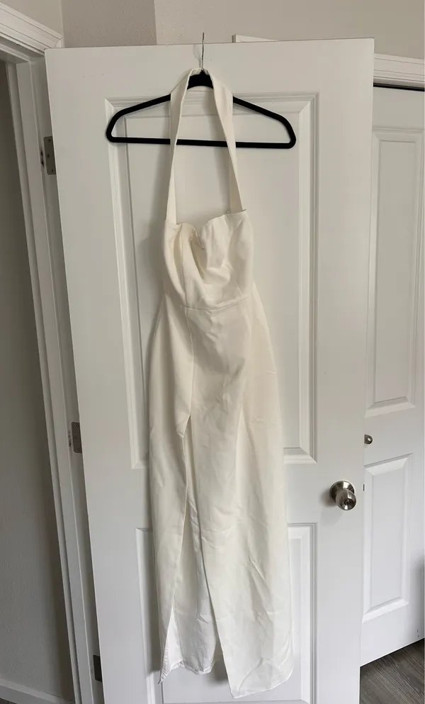 New Showpo Allegra Maxi Dress Neck Band Column High Split Dress In Off White - Image 7