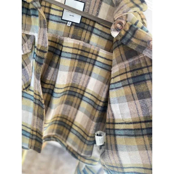 Bagatelle‎ Collection Cropped Plaid Shacket Yellow Blue XL Quiet Luxury Earthy - Image 5