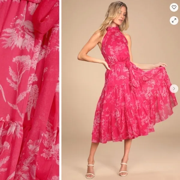 LULU's Floral Sexy Flowy Chic Halter Neck Modern Hot Pink Midi Dress NWOT - Image 2