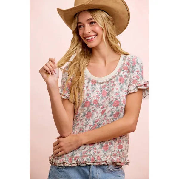 BiBi Rose‎ Printed Slub Knit Ruffled Sleeves Top - Image 4