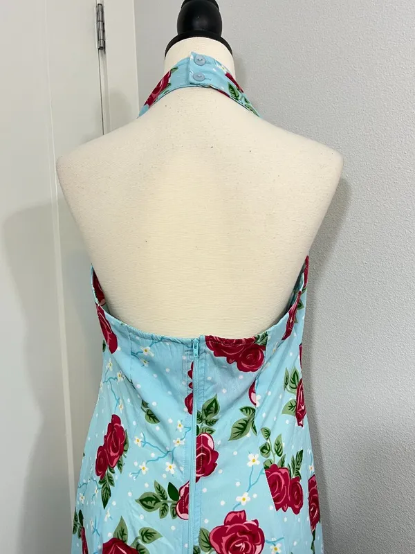 Hell Bunny Vixen 50s Rockabilly Blue Rose Halter Swing Dress - Image 5
