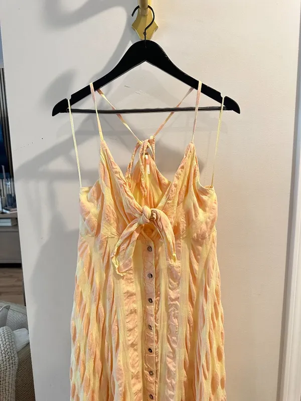 FREE PEOPLE Via Gingham Cotton Seersucker Sundress Creamsicle Combo Eve Medium - Image 6