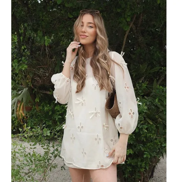 Lulus Aamira Cream Embroidered Bow Blouson Sleeve Shift Mini Dress size S NWOT - Image 3