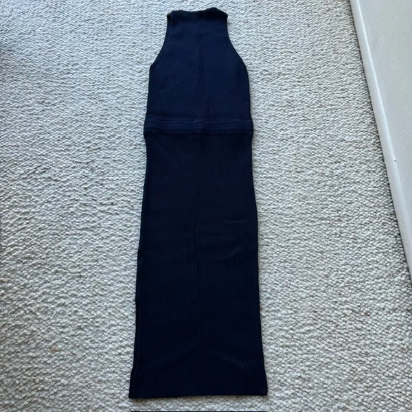 REISS Josephine Ribbed Knit Drawstring Midi‎ Dress Sleeveless Navy Blue XS - Image 5