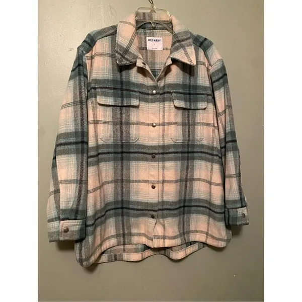Old Navy Transitional Plaid Utility Shacket Green Size Large - Image 2
