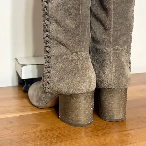 Franco Sarto Kearny Taupe Suede Tall Braided Block Heel Boots Womens Size 8M - Image 7