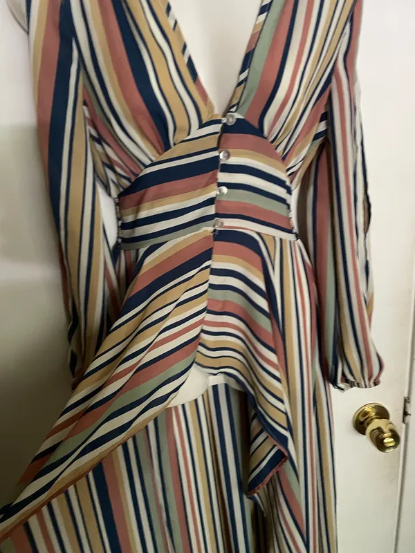 Penelope Asymmetric Stripe Long Sleeve Linen and Silk Shirtdress, featuring a V-neckline - Image 5