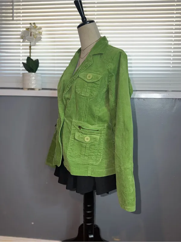 Paris Blues Lime Green Corduroy Fitted Utility Blazer Jacket Y2K L - Image 3