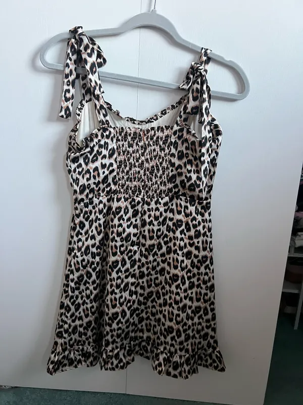 AUDREY 3PLUS Leopard Print Satin Mini Dress Strappy Sleeveless Ruffle S - Image 3