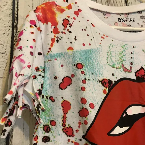 On Fire Red Lip multicolor Top with Fringe cut large statement style short sleeve shirt - Image 11