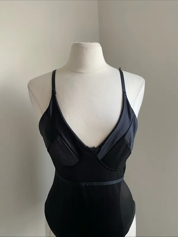 Satin One-Piece Bodysuit Womens Sz Large Black - Image 2