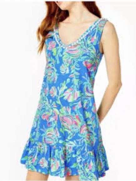 Lilly Pulitzer Camilla Swing Dress Womens L Blue Fancy Fins Pom Pom V-Neck - Image 2