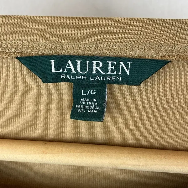 Ralph Lauren Tan Long Sleeve Cotton Leather Trim Tee T Shirt L - Image 6