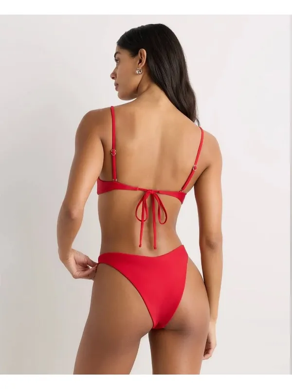 NWT Quince Italian High-Leg Ring Bikini Bottom in Cherry Red - Size: Small - Image 6