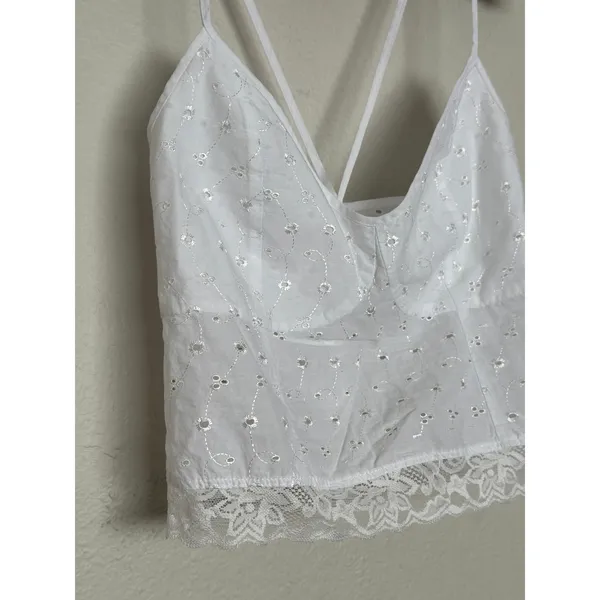 Handmade White Eyelet Lace Tank Top w Lace Trim Coquette Ruched Back - Image 6