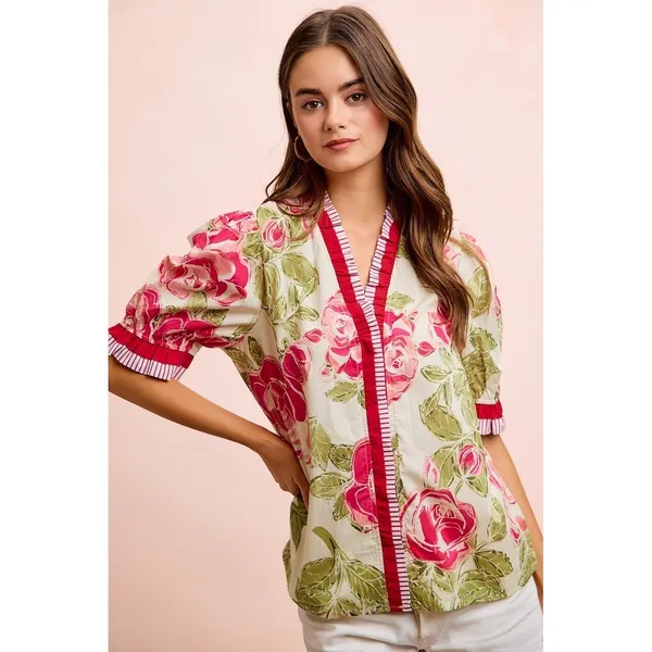 BiBi Floral Printed Woven Contrast Edge Ruffled Blouse‎ - Image 2