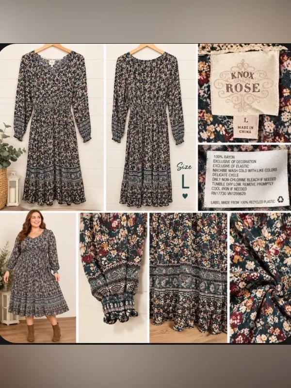 Knox Rose Floral Boho Long Sleeve Smocked Midi Dress - Size Large - Image 2