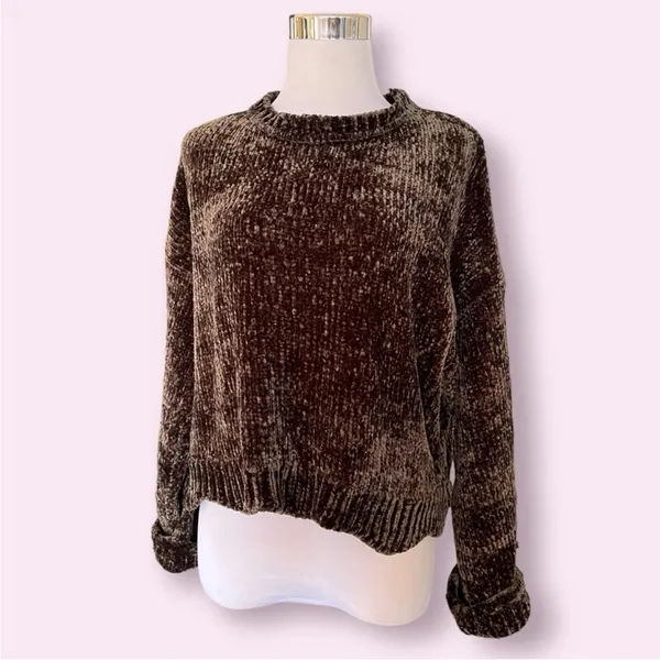 Zara Cropped olive brown chenille oversized wide crew neck sweater M - Image 5