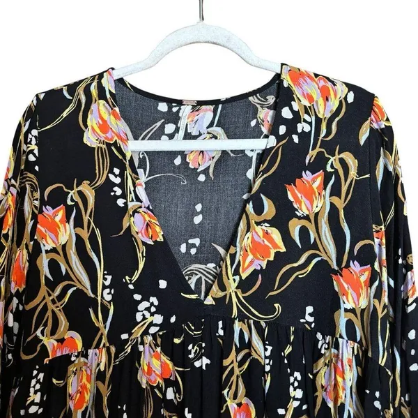 Free People Meadow Lark Womens Medium Floral Black Oversized Long Sleeve Blouse - Image 2