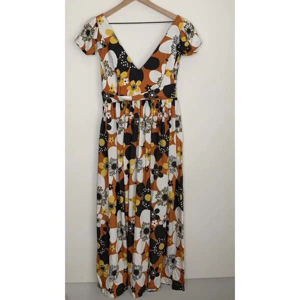 Dodo Bar Or Jenny Long Dress Brown Retro Floral Maxi Size Medium Womens - Image 3