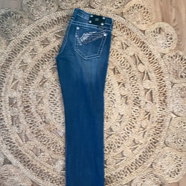 Women's MissMe 31 straight Blue Jeans with Wing Embroidery - Image 4