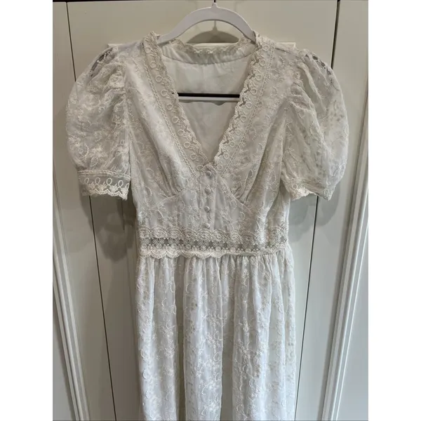 Womens White Lace Overlay Midi Dress Size Small Puff Sleeve Cottagecore Coquette - Image 2