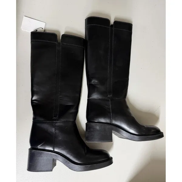 Zara $139 Faux Leather Black Boots Chunky Block Low‎ Rubber Heel Hunting Moto - Image 3