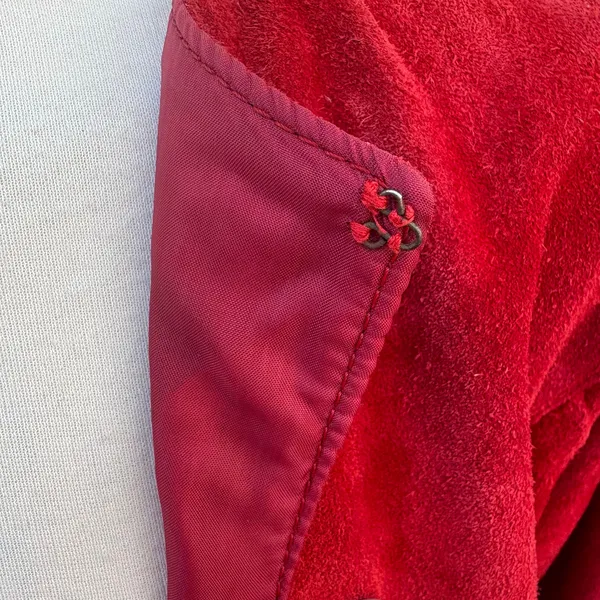 VTG 80s Suede Leather Jacket M Red Open Front Pleated Shoulder Bold Chic Casual - Image 8