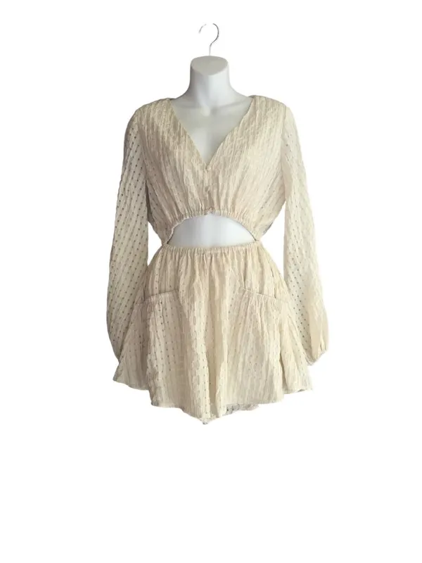 Mable Cream and White Long Sleeve Cut Out Romper - Image 2