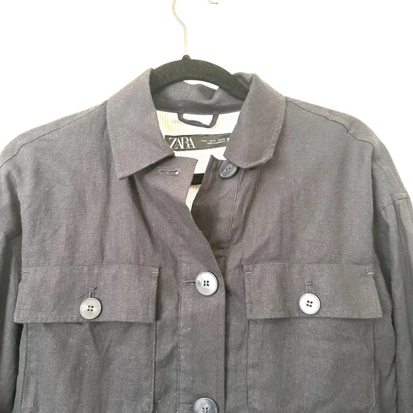 ZARA Linen‎ Short Jacket Navy Blue Medium - Image 4