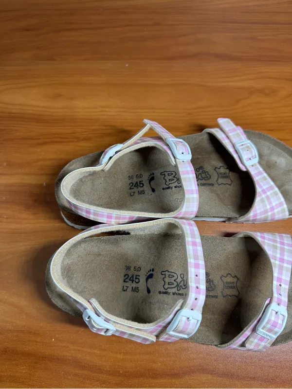 Birkis‎ by Birkenstock Womens 38/7 Pink Plaid Buckle Ankle Strap Sandal Leather - Image 4