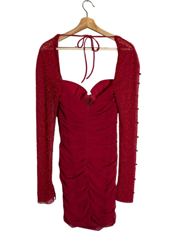Oh Polly St. Germain Embellished Long Sleeve Mini Dress Women's 6 Red Pearls - Image 4