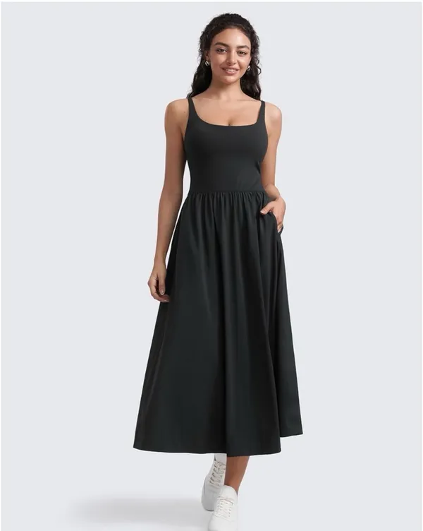 CRZ YOGA Square Neck Maxi Dress for Women - Flowy Sleeveless Padded Travel Casual Outfits with Side Pockets - Image 4